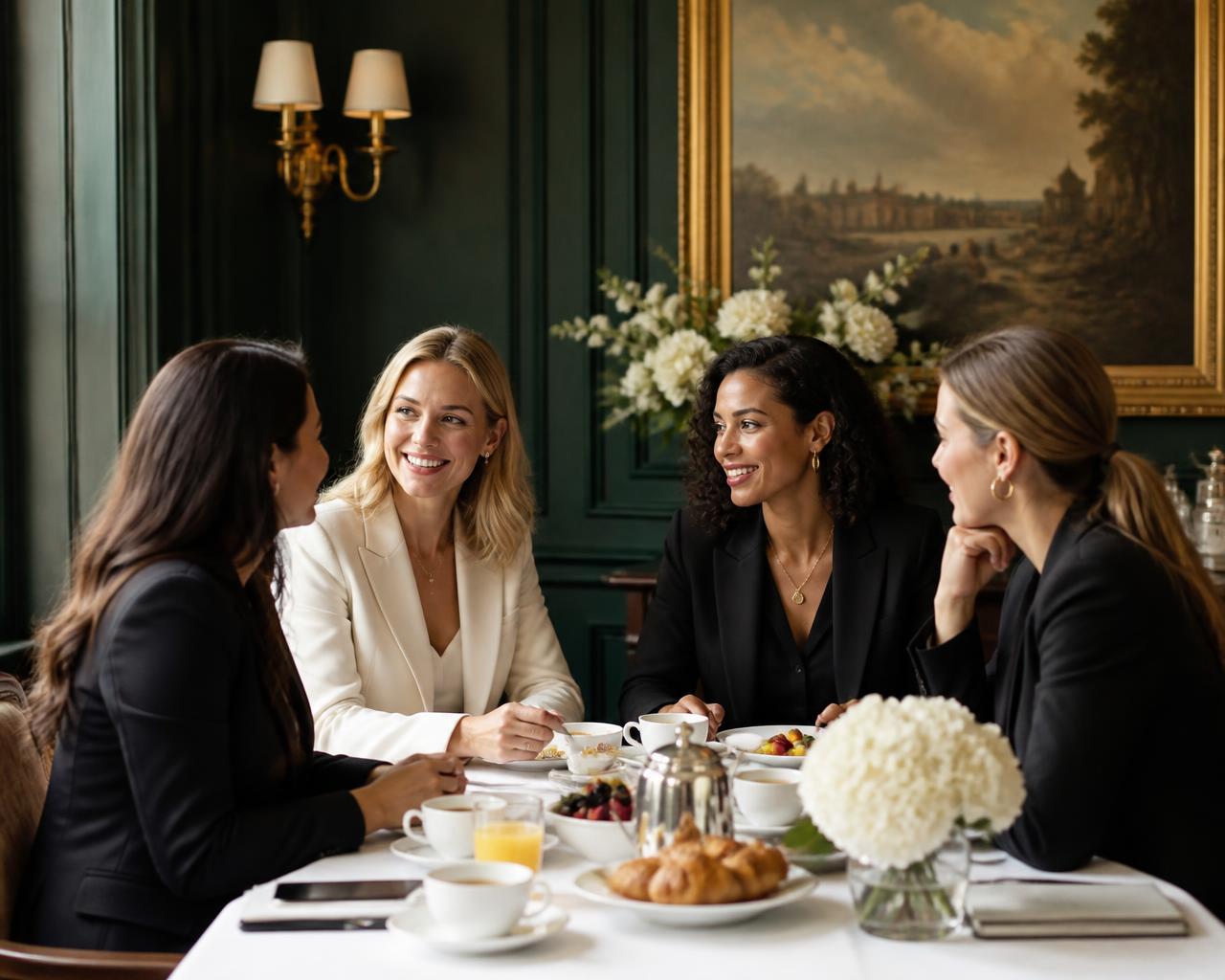 Women leaders in conversation around a breakfast table